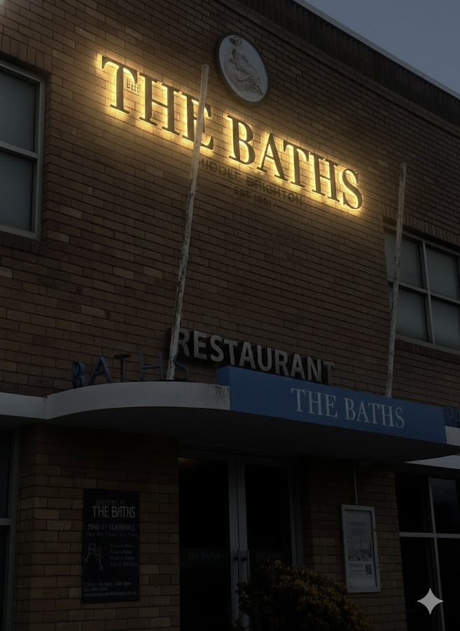Commercial signage lighting installation at The Baths restaurant by Carlin Co