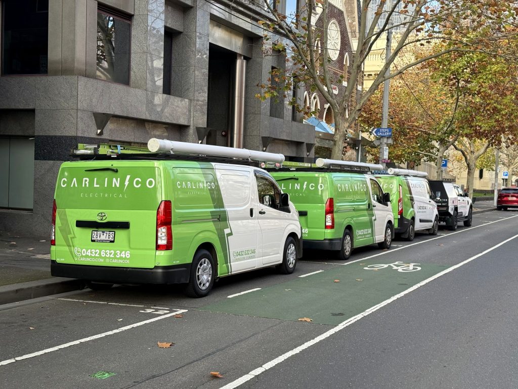 Carlin Co Electrical vans parked on Melbourne CBD street