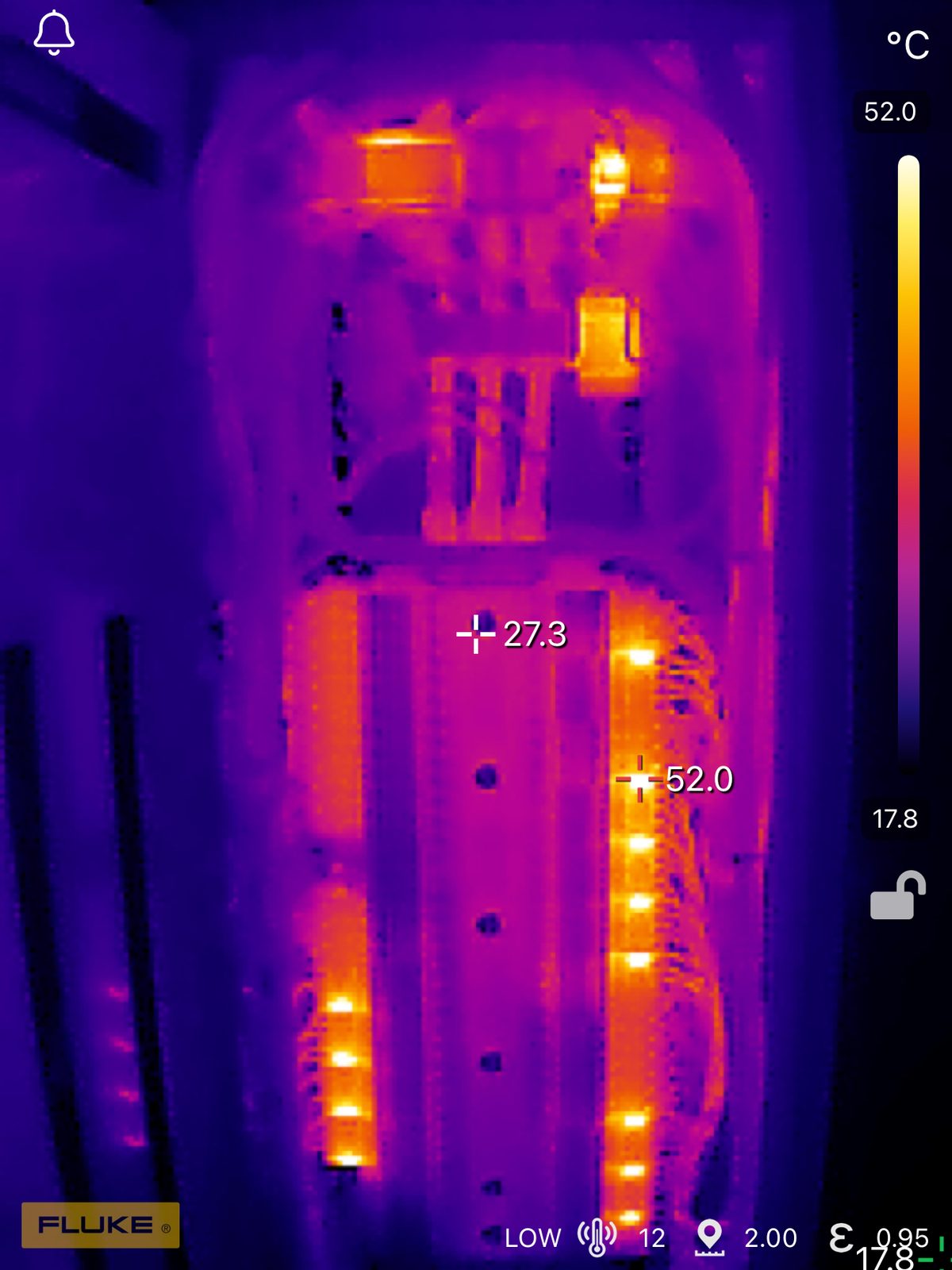 Fluke thermal scan revealing hot spots in a commercial switchboard