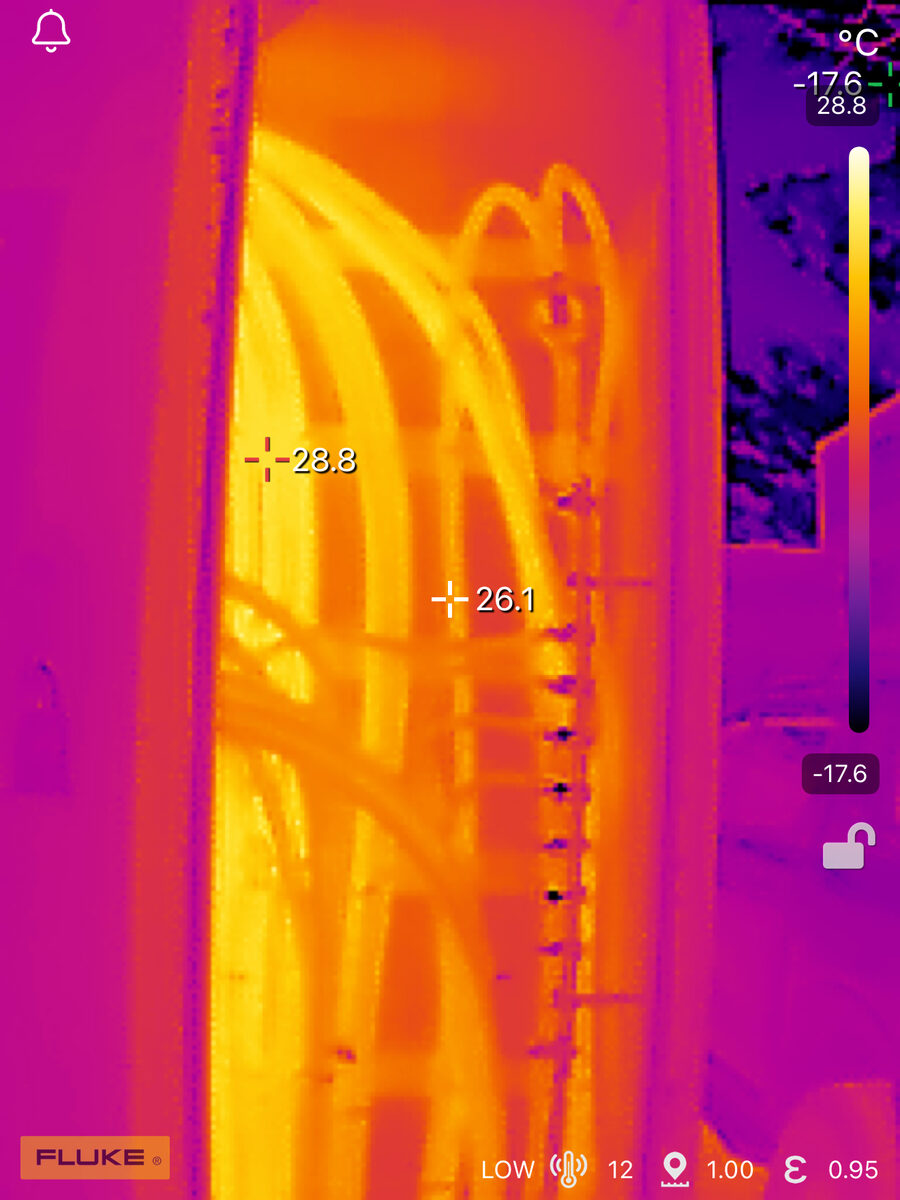 Close-up Fluke thermal scan of switchboard wiring showing elevated temperatures at 28.8 degrees at termination points